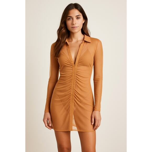 SKIMS Mesh Cover Ups Long Sleeve Ruched Dress In Almond XS NWT - Picture 1 of 5
